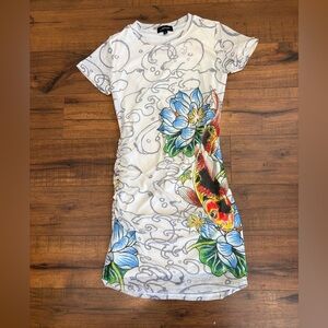 Ed Hardy Koi Fish Bodycon Dress White Size Small Mesh Short Sleeve